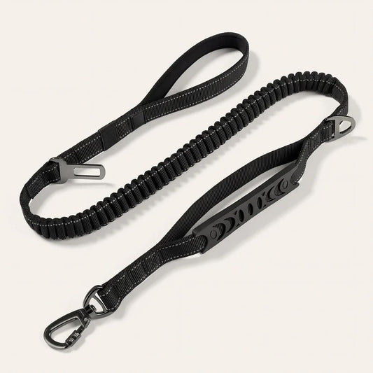 Laisse anti-traction Nuva noire avec zone élastique bungee et poignée matelassée