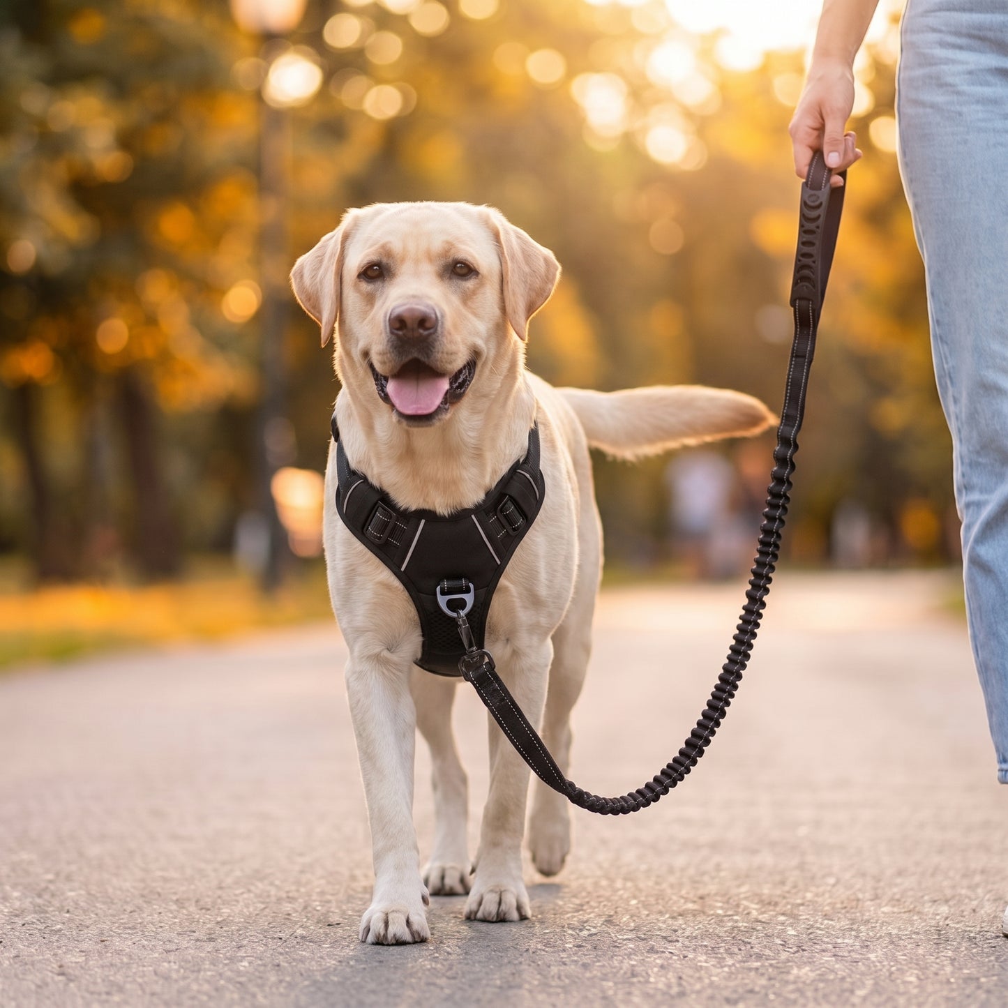 Chien tenu en laisse par son propriétaire lors d'une balade avec la laisse anti-traction Nuva
